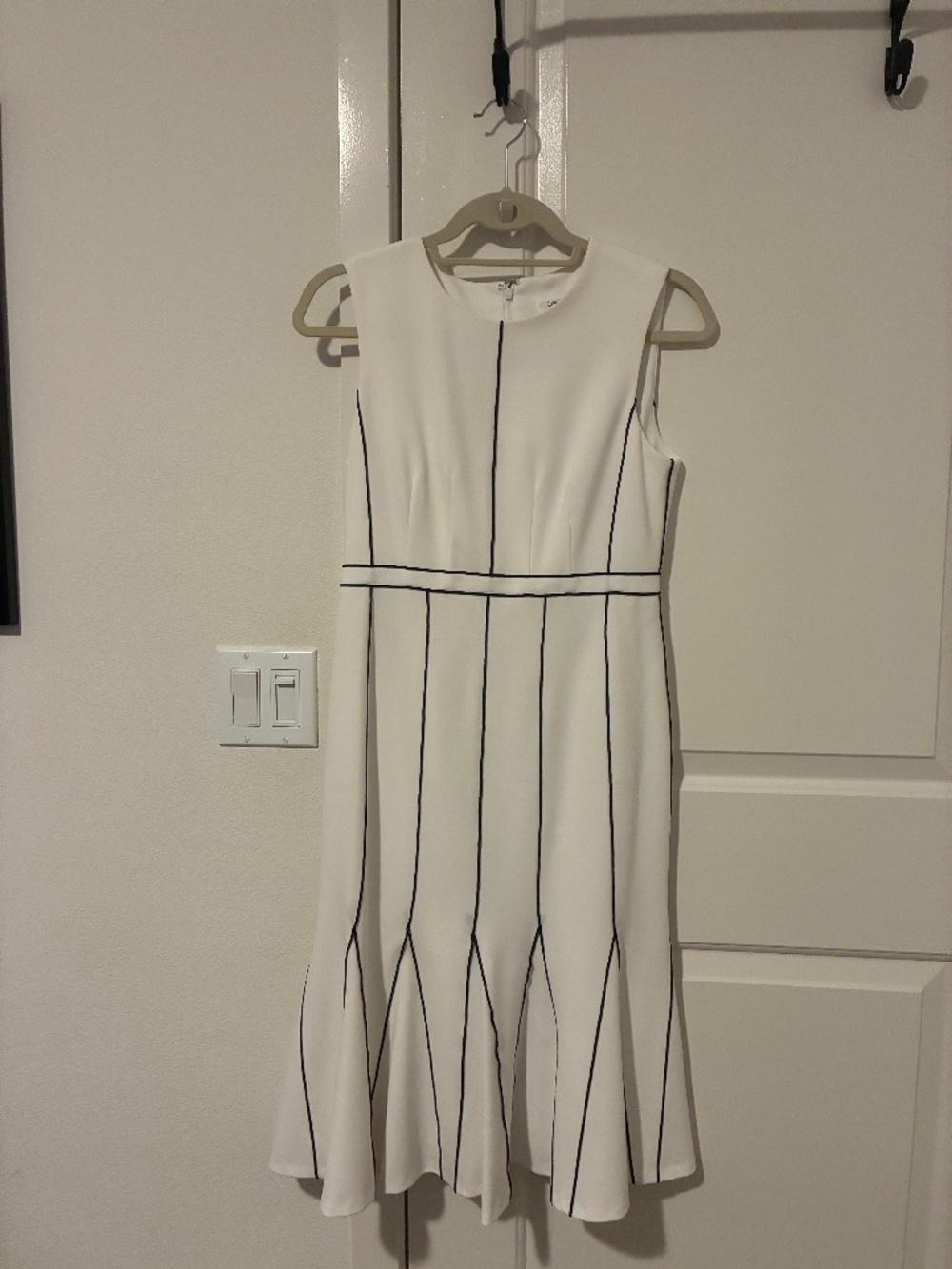 Calvin Klein white cocktail dress with black stripe details